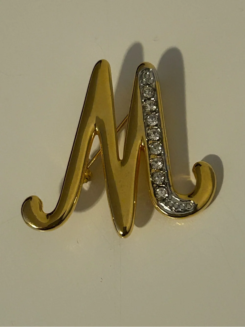 Initial Brooch Rhinestone: Gold Tone Cursive Letter M or W Brooch Pin Bag Pin